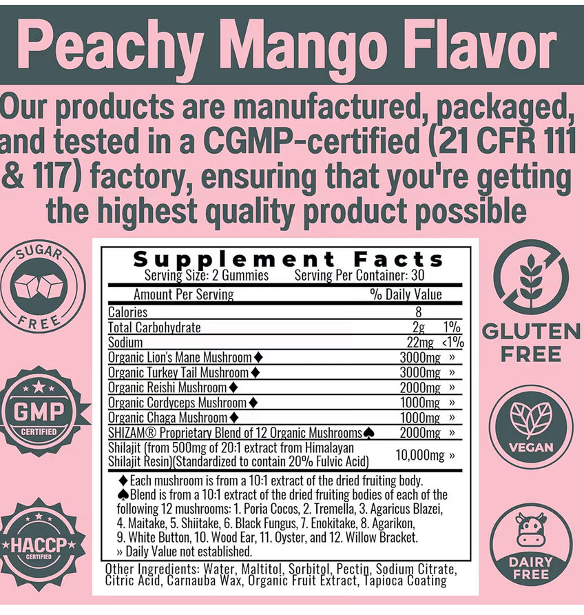 Shilajit + 17 Mushroom Complex Gummies | 22,000mg All-in-One Energy & Immunity Booster | Sugar-Free Peach Mango Flavor