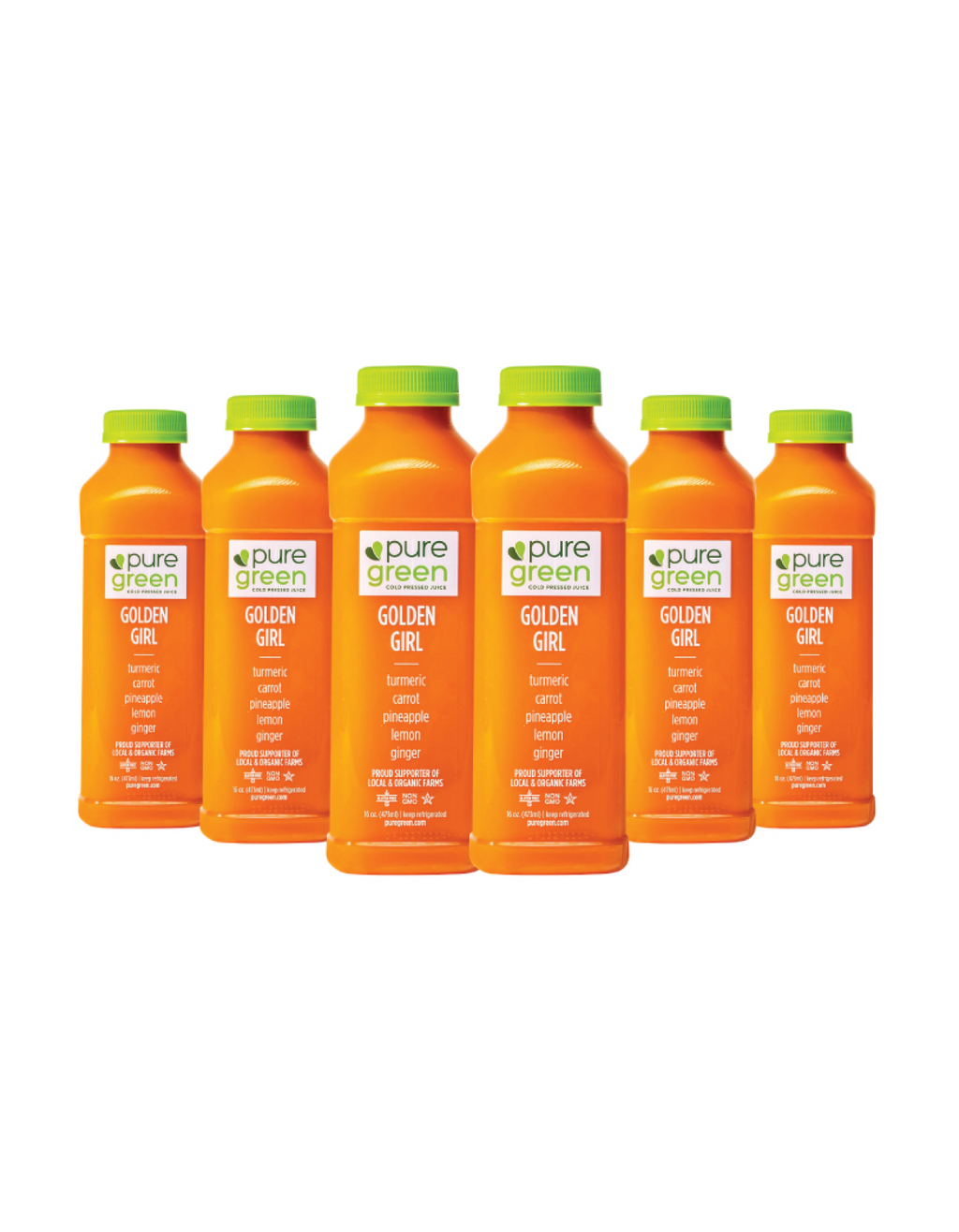 Set of six bottles of pure green Golden Girl juice on a white background. GOLDEN GIRL: Cold-Pressed NON-GMO Juice Drink with Pineapple, Carrot, Tumeric, Lemon, Ginger, No Added Sugar, Gluten-Free