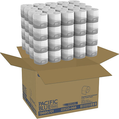 Box of Pacific Blue toilet paper rolls on a white background