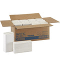 Box of Pacific Blue 21000 paper towels with a stack of towels in front on a white background