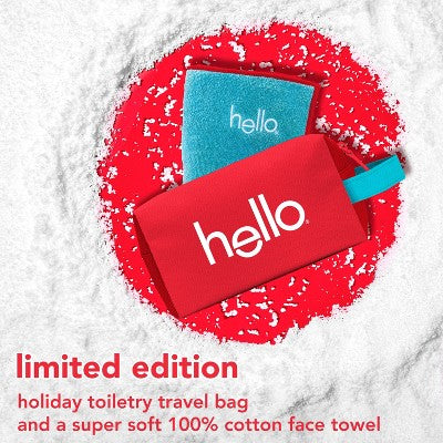 hello Home for the Holidays limited edition holiday toiletry travel bag kit with red zippered pouch, blue 100% cotton face towel, toothpaste and deodorant travel essentials gift set