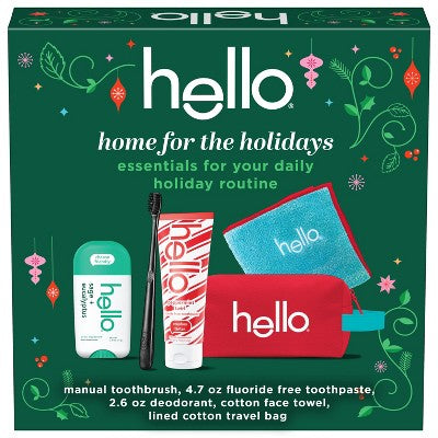 hello Home for the Holidays 5-piece holiday travel toiletry gift set with fluoride-free toothpaste, deodorant, manual toothbrush, cotton face towel and red zippered travel pouch, unisex oral care and hygiene essentials for travel, vacations, overnight stays and holiday gifting.