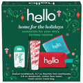 hello Home for the Holidays 5-piece holiday travel toiletry gift set with fluoride-free toothpaste, deodorant, manual toothbrush, cotton face towel and red zippered travel pouch, unisex oral care and hygiene essentials for travel, vacations, overnight stays and holiday gifting.