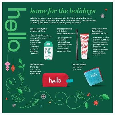 hello Home for the Holidays 5-Piece Travel Toiletry Gift Set with Toothpaste, Peppermint Fluoride Toothpaste, Sage Eucalyptus Deodorant, Charcoal-Infused Soft Bristle Manual Toothbrush, Limited Edition Travel Bag and Soft Towel, Holiday Oral Care Essentials, Personal Care Gift Set, TSA-Friendly Travel Hygiene Kit, Christmas Stocking Stuffer, Holiday Gift for Adults, Unisex Wellness and Self-Care Travel Set by hello