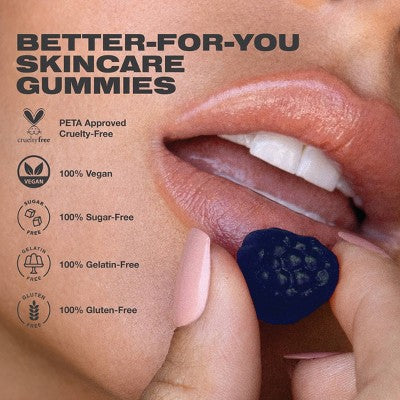 Skincare gummies being held between fingers with product details on a close-up of lips. Peta Approved Gummies, cruelty free, 100% Vegan, 100% Sugar-Free, 100% Gelatin Free, 100% Gluten-Free