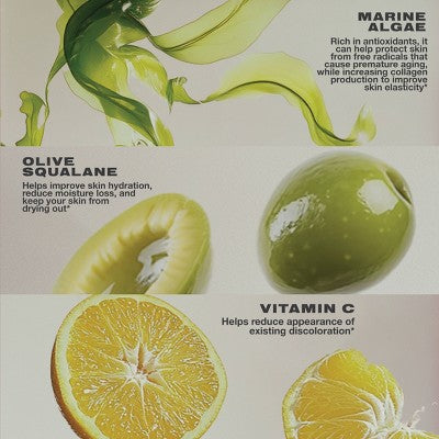 Plant-based skincare gummies packaging featuring illustrations of marine algae, green olives, and sliced lemons, highlighting olive squalane and vitamin C for skin hydration, elasticity, and radiant-looking skin.
