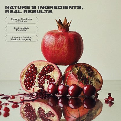 Pomegranate and cherries with text about nature's ingredients and results on a beige background
