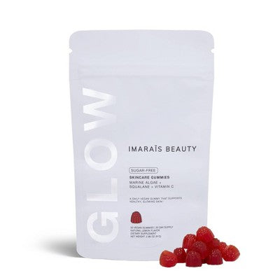 Imaraïs Beauty Glow vegan sugar-free skincare gummies in a resealable white pouch with raspberry-flavored gummies on a white background.