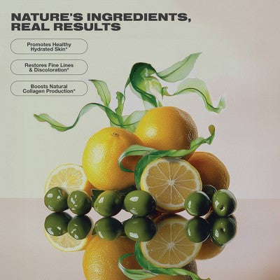 Plant-based skincare wellness graphic featuring fresh lemons, oranges, and green olives arranged with leafy stems on a reflective surface. Text highlights hydrated skin, reduced fine lines and discoloration, and natural collagen support on a soft beige background.