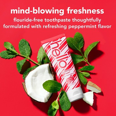 hello Naturally Friendly Fluoride-Free Peppermint Toothpaste with refreshing peppermint flavor, coconut and fresh mint leaves – vegan oral care for fresh breath and healthy smiles