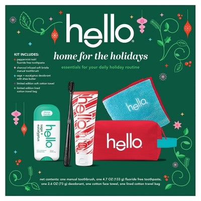 hello Home for the Holidays 5-piece travel toiletry gift kit with toothpaste, toothbrush, deodorant, mouthwash and zippered travel bags.