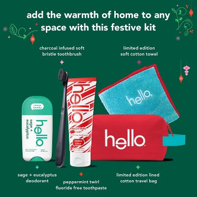 hello Home for the Holidays travel toiletry gift set with peppermint fluoride-free toothpaste, charcoal soft-bristle toothbrush, sage eucalyptus deodorant, limited-edition cotton towel and red zippered travel bag, holiday oral care and personal hygiene essentials for adults, unisex Christmas gift, stocking stuffer and TSA-friendly travel kit from Tree of Life Grocers