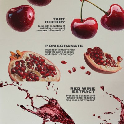Illustration of cherries, pomegranate, and red wine extract with text on a light background
