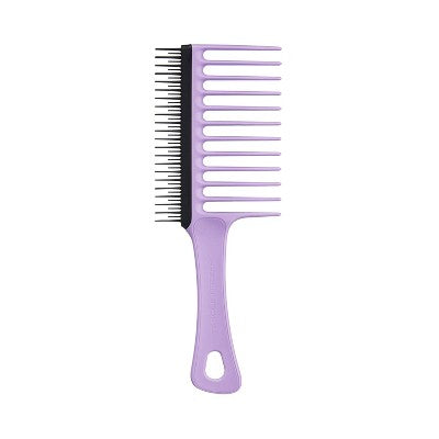 A lavender purple wide-tooth comb with black bristles, shown vertically on a plain white background.