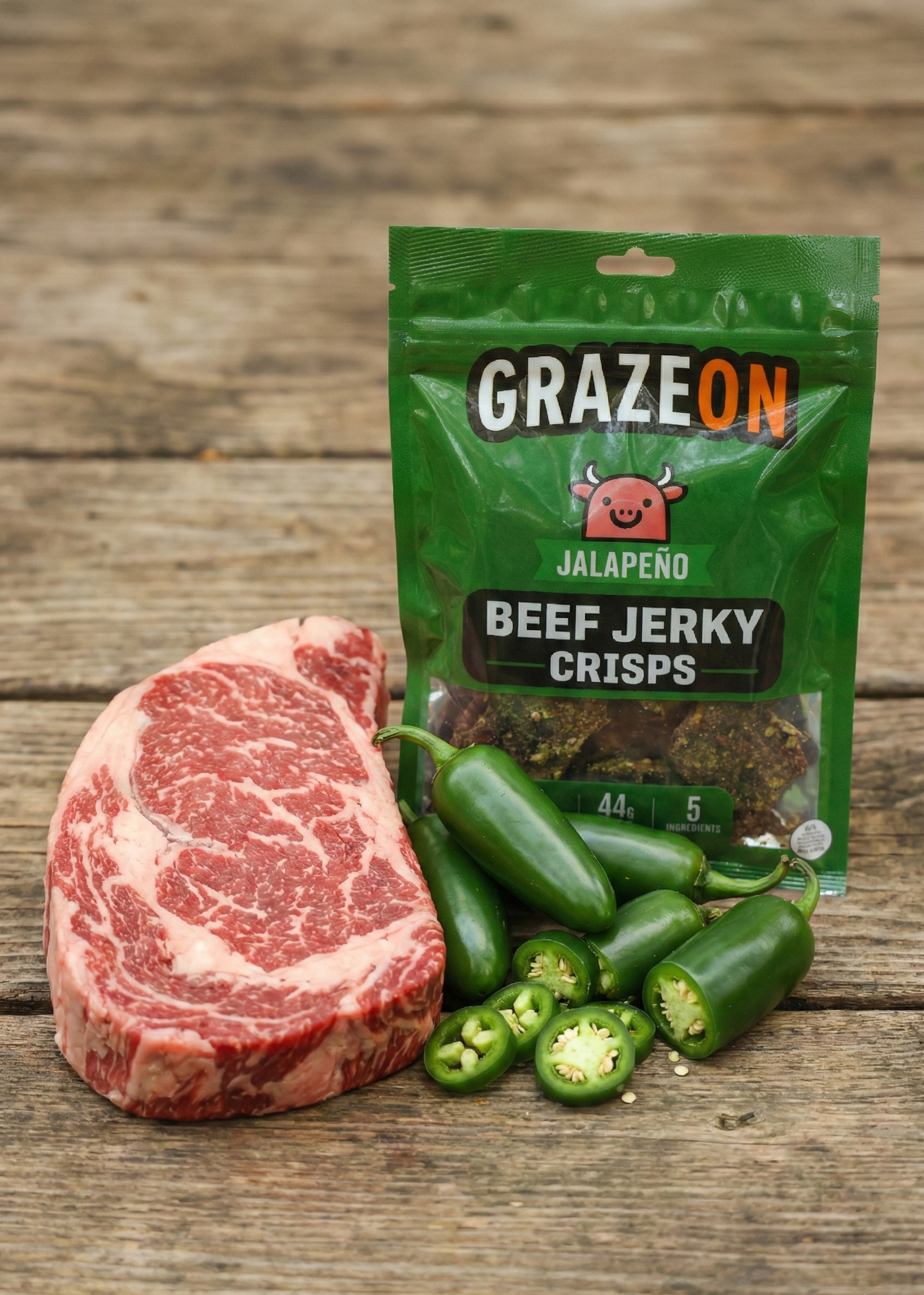 GrazeOn Jalapeño Beef Jerky Crisps- High Protein, No Sugar, Crunchy Air-Dried Meat Snack, All-Natural - 2.0 oz