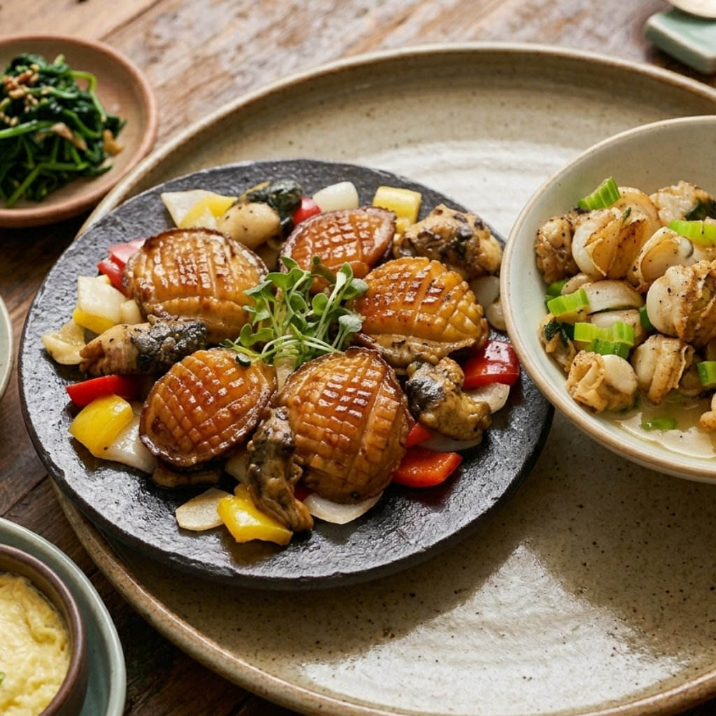 Premium Korean abalone and Yesso scallops gourmet seafood set plated with sautéed vegetables, restaurant-style shellfish dinner, frozen seafood gift box, high-protein Asian delicacy, premium surf and turf meal on rustic wooden table