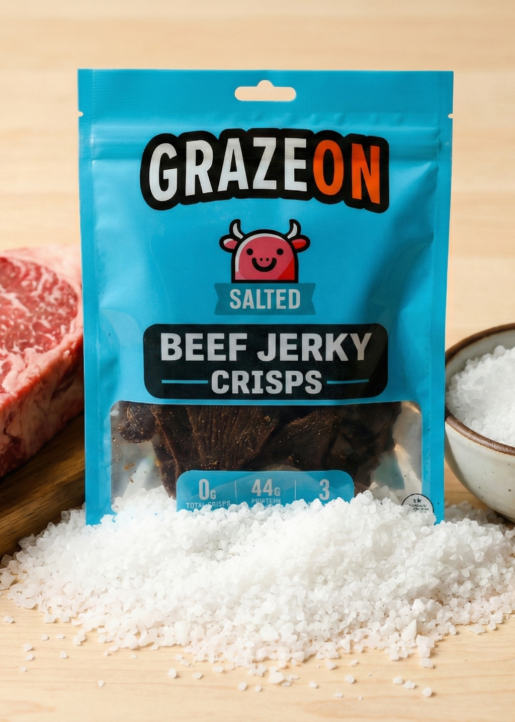GrazeOn Salt Beef Jerky Crisps- High Protein, No Sugar, Crunchy Air-Dried Meat Snack, All-Natural - 2.0 oz