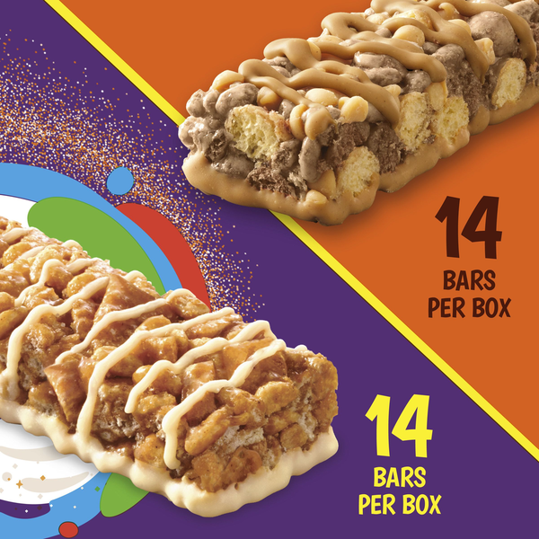 Cereal bars with colorful background and text indicating '14 bars per box'.