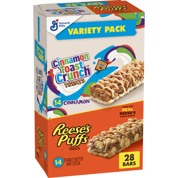 Box of General Mills Cinnamon Toast Crunch and Reese's Puffs treats on a white background. General Mills Cinnamon Toast Crunch and REESE'S Puffs Treat Bars - 28 Grab 'N Go Bars