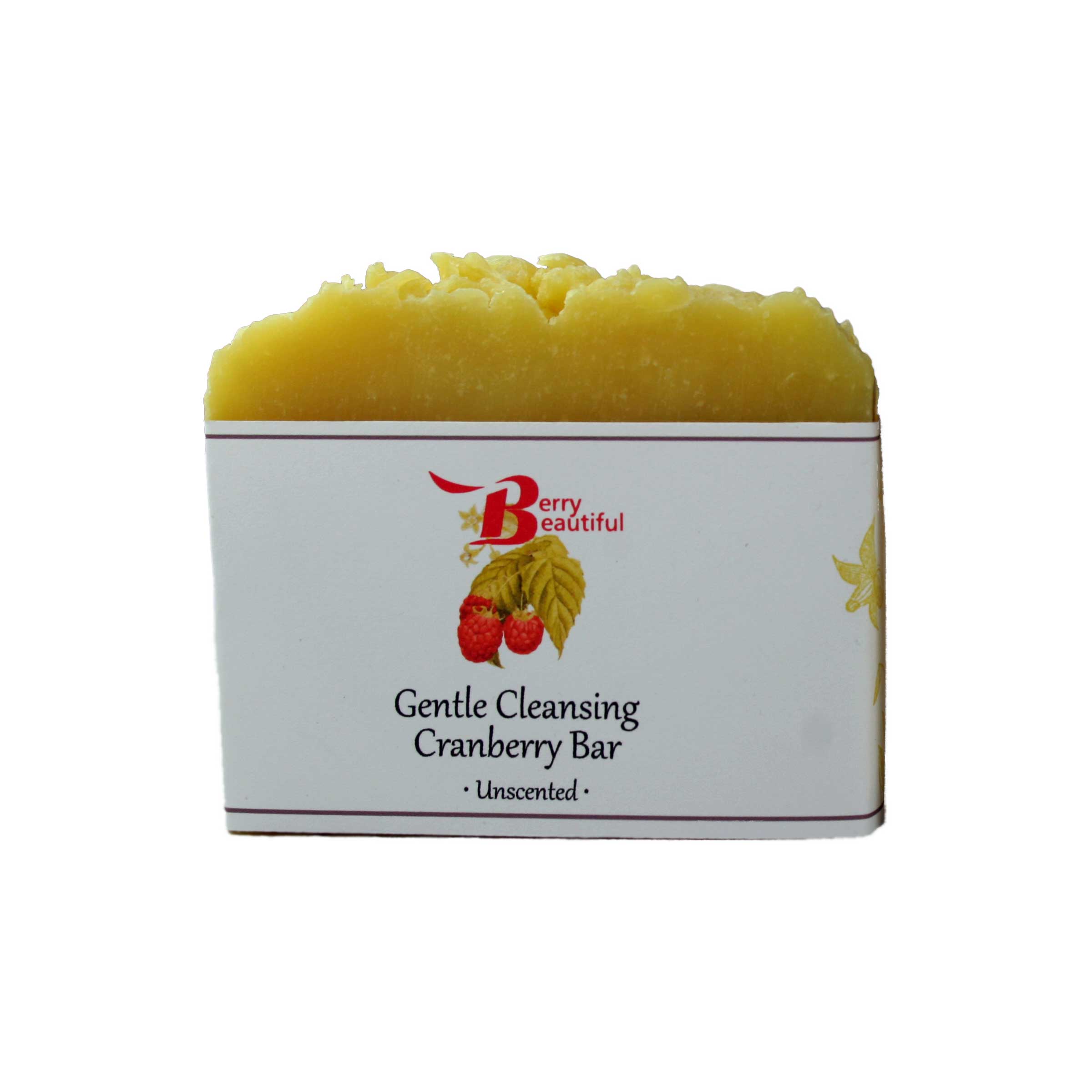 Yellow cleansing bar with a white label featuring 'Berry Beautiful' branding on a white background
