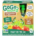 GoGo SqueeZ organic fruit pouches packaging with cartoon characters on a green background