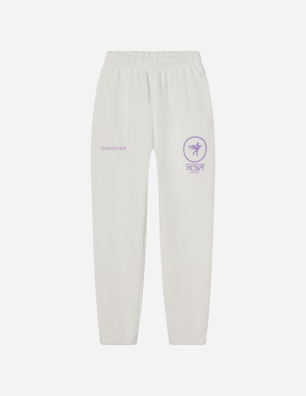 White sweatpants with a logo on a white background