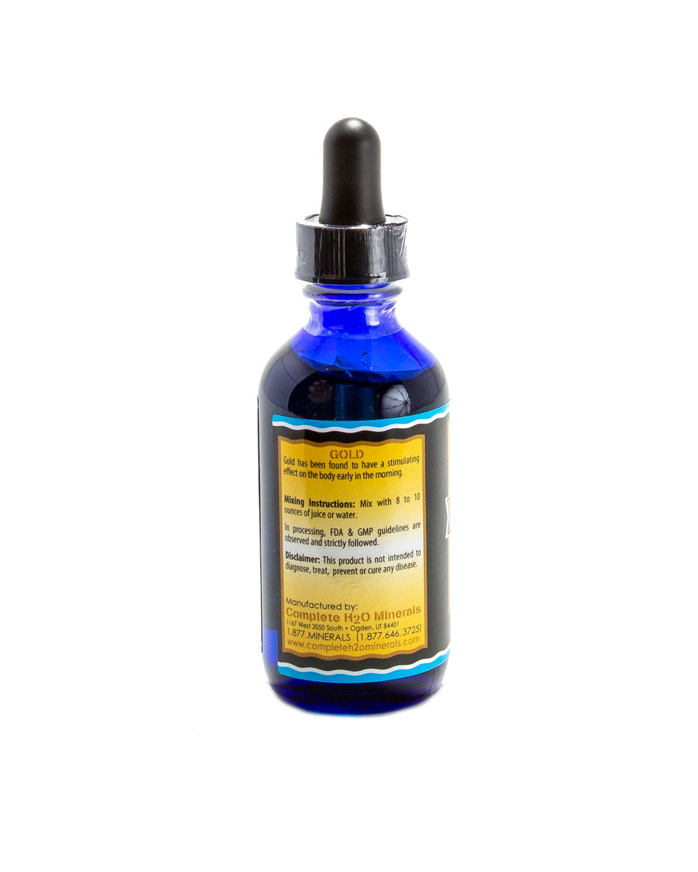 Blue glass dropper bottle with a label on a white background