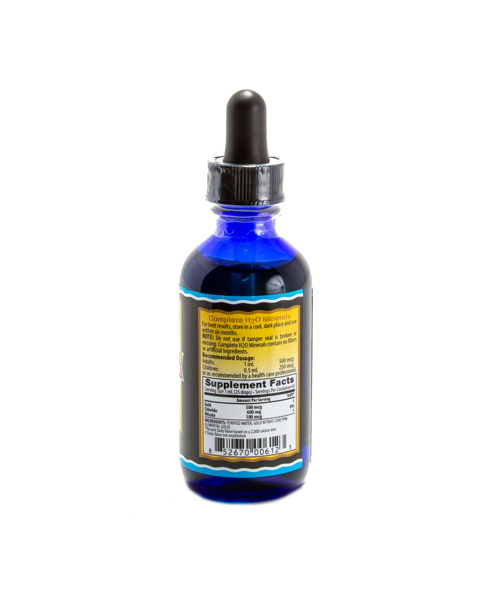 Blue glass bottle with dropper on a white background