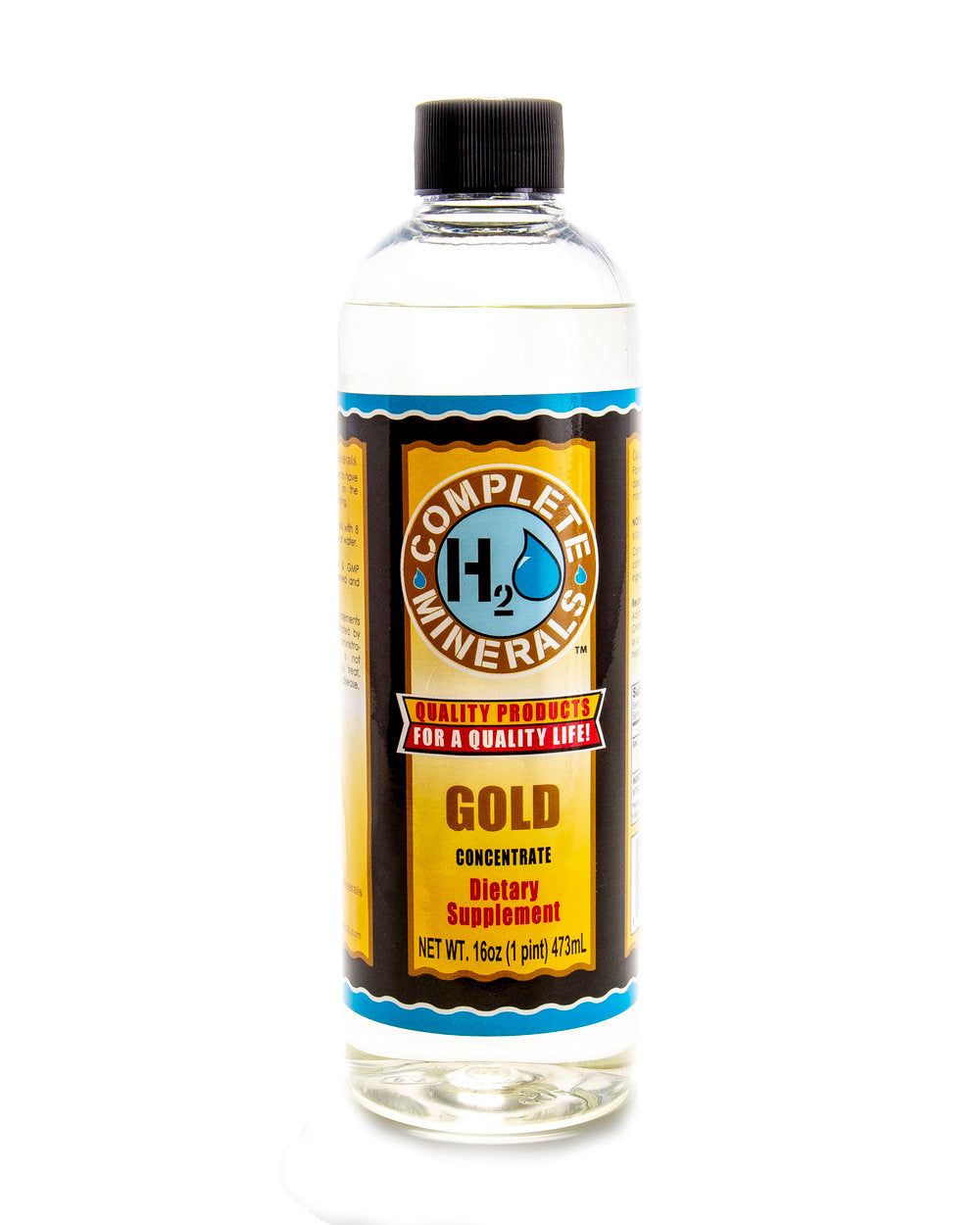 Bottle of H2O Minerals Complete Gold Concentrate dietary supplement on a white background