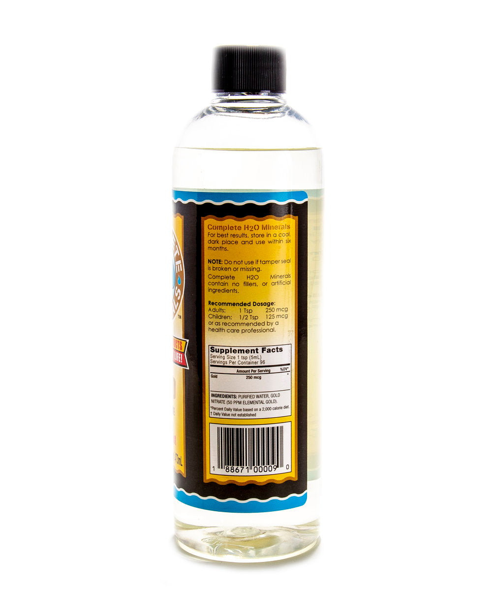 Bottle of liquid with a label on a white background