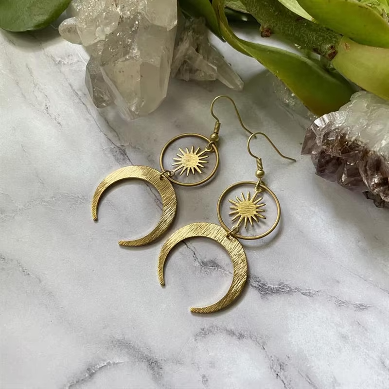 Druzy Crescent Moon Sun Earrings