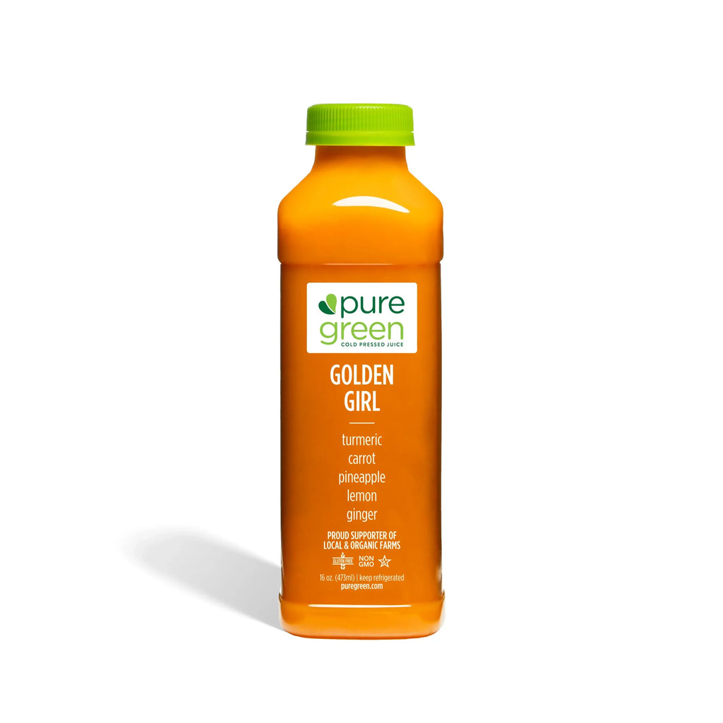 Pressed Juice bottle with green cap labeled 'pure green Golden Girl' on a white background. GOLDEN GIRL: Cold-Pressed NON-GMO Juice Drink with Pineapple, Carrot, Tumeric, Lemon, Ginger, No Added Sugar, Gluten-Free