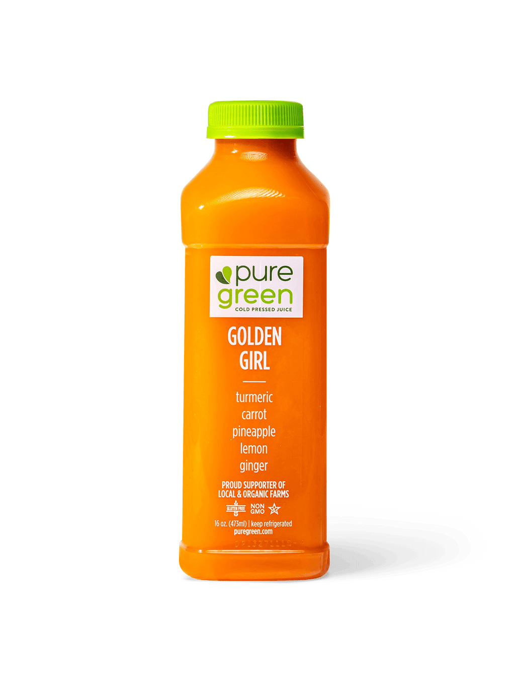 Orange juice bottle with green cap labeled 'pure green Golden Girl' on a gray background. Pure Green Juice 'Til Dinner, Cold Pressed Juice Drink 4pk: NON-GMO, No Added Sugar, Gluten Free Juice Drink