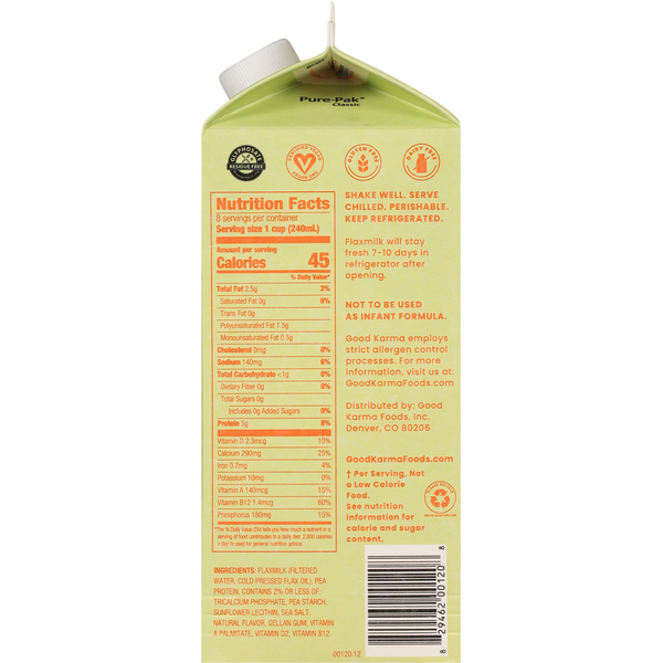 Back of Good Karma Unsweetened Flax Milk + Protein carton showing Nutrition Facts, ingredients, barcode, storage instructions, allergen information, and product details for dairy-free, plant-based flax milk with omega-3 and 5g protein.