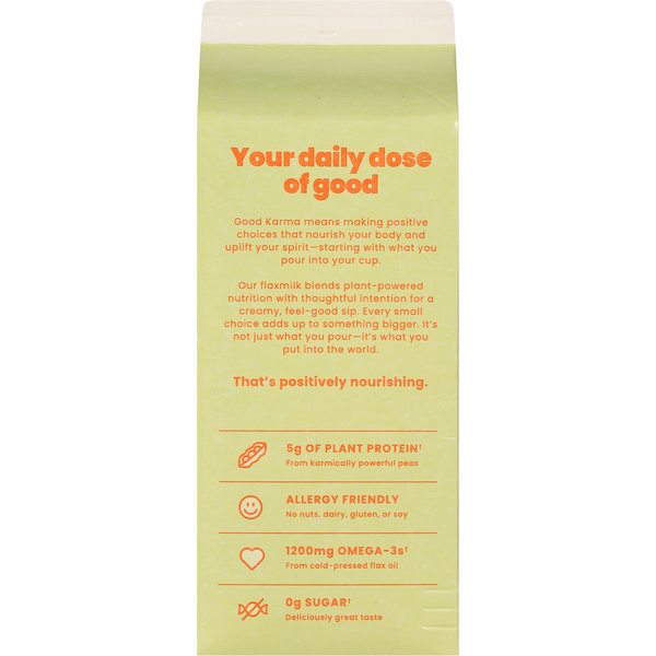 Back panel of Good Karma Unsweetened Flax Milk + Protein carton featuring the message "Your daily dose of good" with plant-based nutrition highlights, including 5g plant protein, 1,200mg omega-3s from flax oil, allergy-friendly ingredients, and 0g sugar.