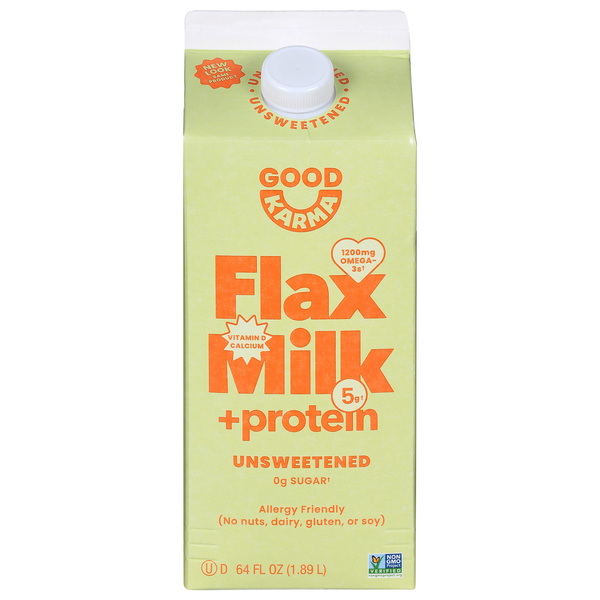 Front view of Good Karma Unsweetened Flax Milk + Protein carton, 64 fl oz plant-based dairy-free milk alternative with 5g protein, 1,200mg omega-3, added calcium and vitamin D, 0g sugar, non-GMO, gluten-free, soy-free, lactose-free, and nut-free.