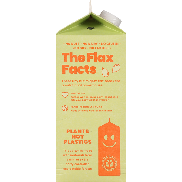 filled with omega-3 Unsweetened Good Karma Flax Milk + Protein carton highlighting omega-3 plant-based nutrition, dairy-free, gluten-free, soy-free, lactose-free, sustainable plant-based packaging, and eco-friendly renewable carton.