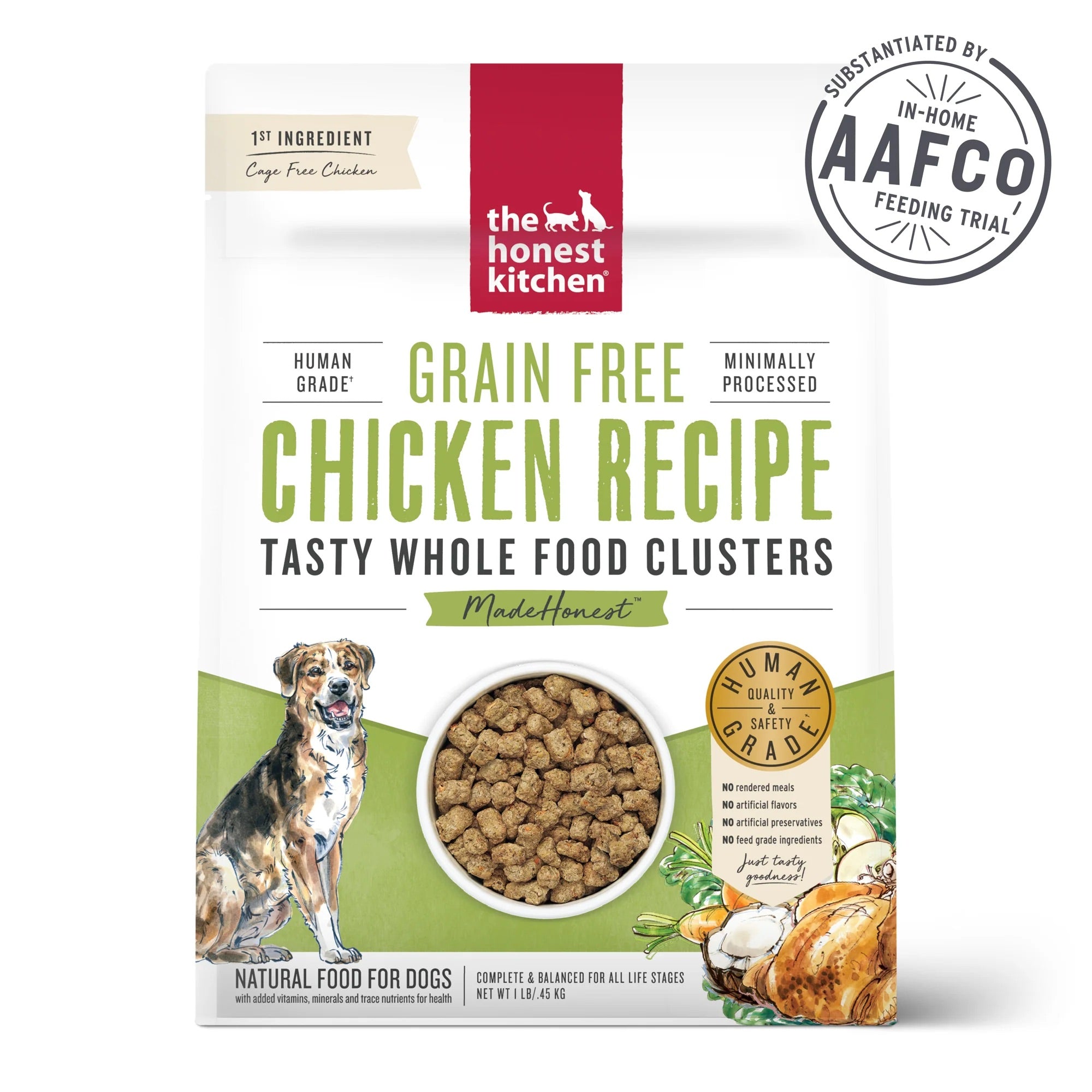 Dog food package with 'The Honest Kitchen' branding and grain-free chicken recipe label.