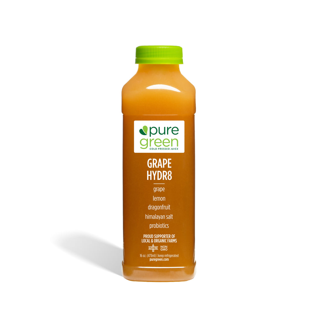 PURE GREEN GRAPE HYDR8 NON-GMO Antioxidant Cold-Pressed Grape Juice. Grape Juice, Lemon, Dragonfruit, Himalayan Salt & Probiotics