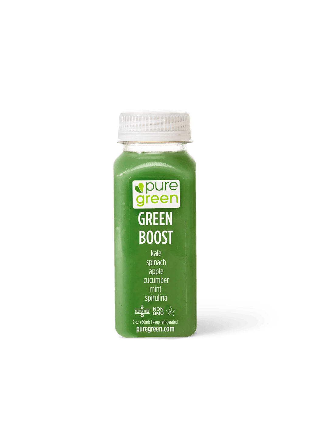 Pure Green Green Boost cold-pressed juice shot with kale, spinach, apple, cucumber, mint, and spirulina in a 2 oz bottle on a transparent background. Non-GMO, cold-pressed wellness shot with fresh green ingredients.