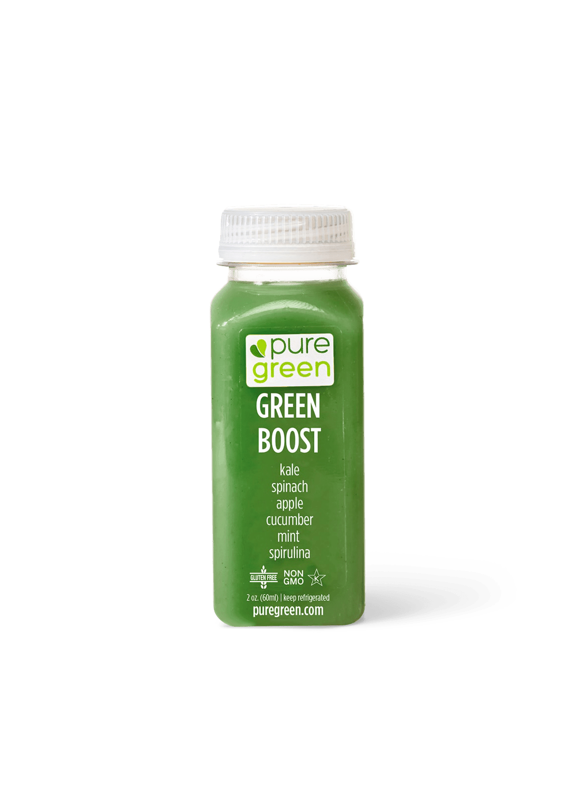 Pure Green Green Boost cold-pressed juice shot with kale, spinach, apple, cucumber, mint, and spirulina in a 2 oz bottle on a transparent background. Non-GMO, cold-pressed wellness shot with fresh green ingredients.