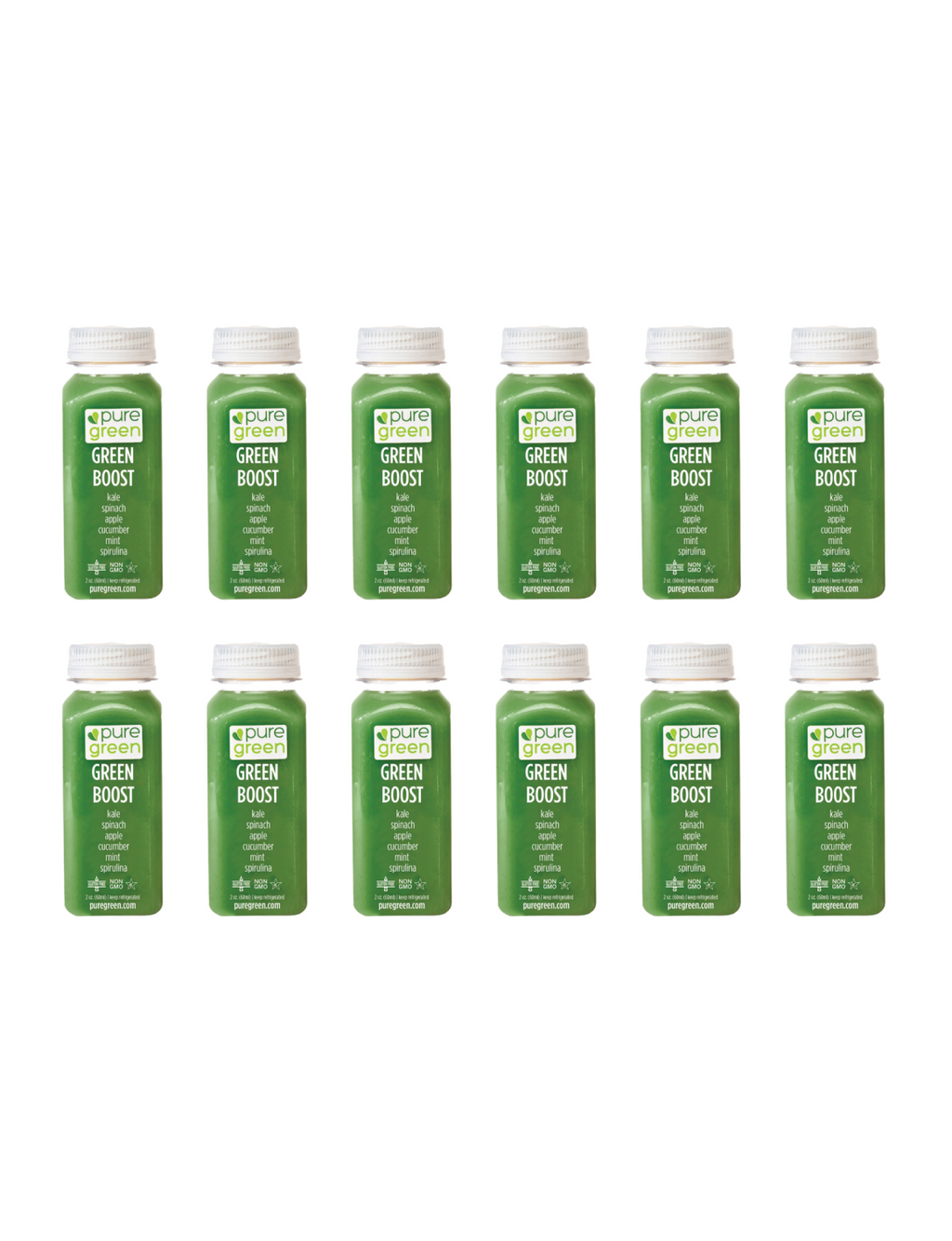 Multiple bottles of 'Green Boost' on a white background. GREEN BOOST SHOT: Cold-Pressed NON-GMO Juice Drink with with Cucumber, Apple, Celery, Spinach, Ginger, Kale, Apple Cider, Vinegar, Spirulinal, Mint, No Added Sugar, Gluten-Free