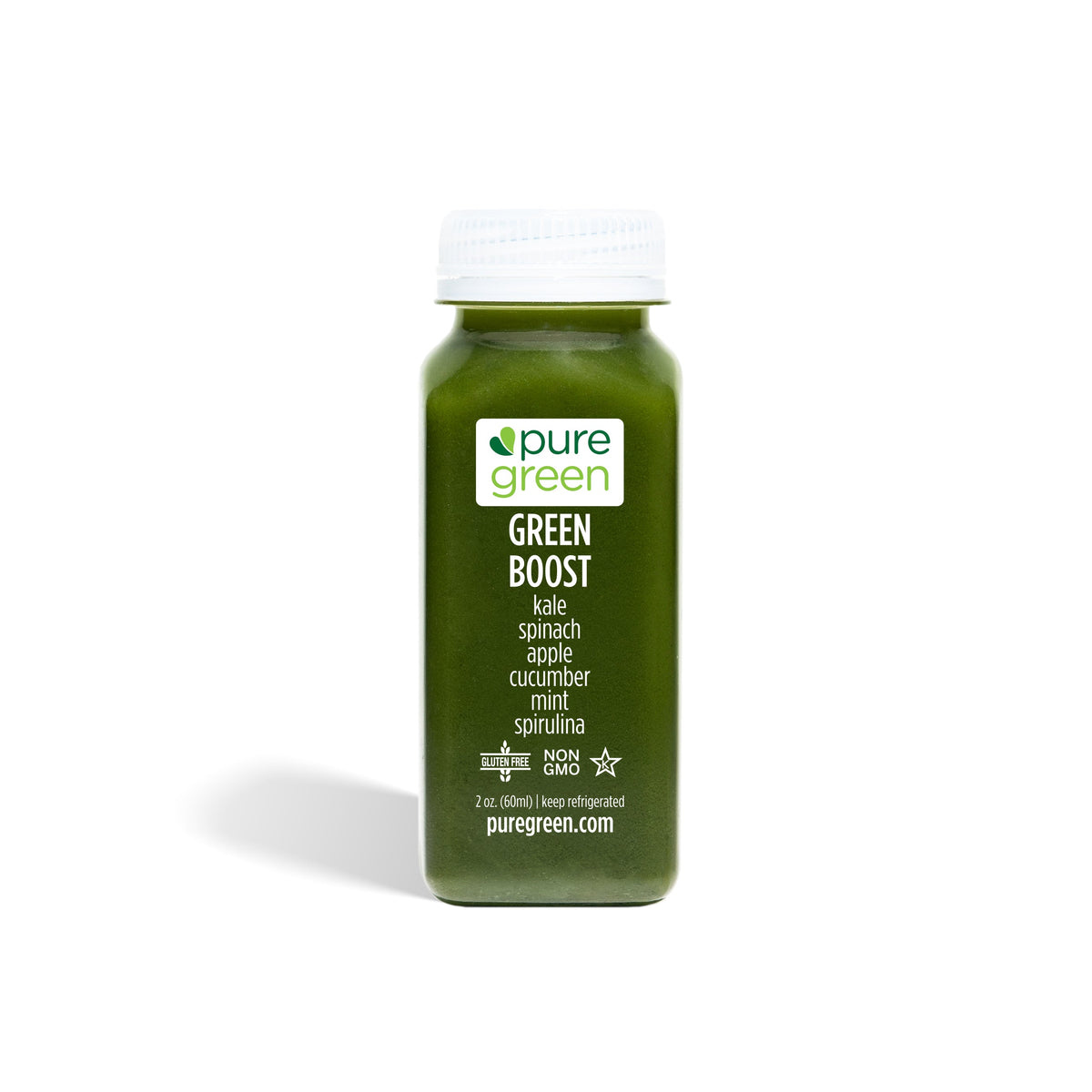 Green smoothie bottle with 'pure green' label on a white background. GREEN BOOST SHOT: Cold-Pressed NON-GMO Juice Drink with with Cucumber, Apple, Celery, Spinach, Ginger, Kale, Apple Cider, Vinegar, Spirulinal, Mint, No Added Sugar, Gluten-Free