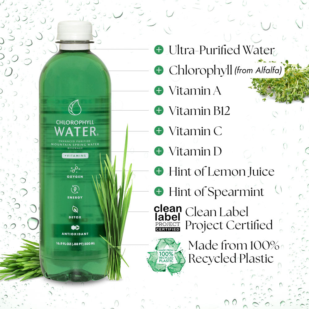 Green bottles of Chlorophyll Water® (case of 12) with essential vitamins A, B12, C, and D3, featuring a "Free Shipping" banner and "Made from 100% Recycled Plastic" and Clean Label Project Certified badges on a white background.Green bottles of Chlorophyll Water® (case of 12), featuring ultra-purified water with chlorophyll from alfalfa, vitamins A, B12, C, and D, plus hints of lemon and spearmint. Includes Clean Label Project Certified and Made from 100% Recycled Plastic badges on a white background.