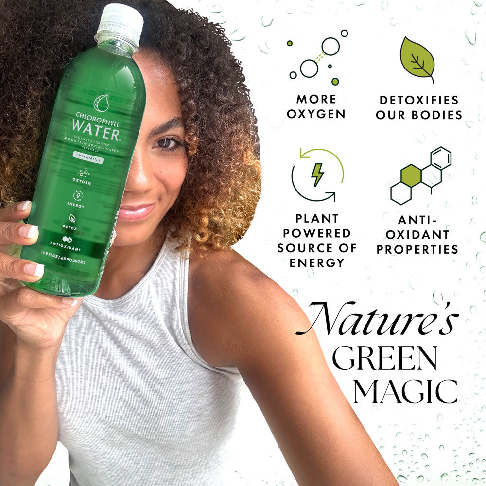 Woman holding a green bottle labeled 'Chlorella Water' with health benefits text on a white background. Green bottles of Chlorophyl Water with a free shipping offer on a white background. Green bottles of Chlorophyll Water® (case of 12) with essential vitamins A, B12, C, and D3, featuring a "Free Shipping" banner and "Made from 100% Recycled Plastic" and Clean Label Project Certified badges on a white background.