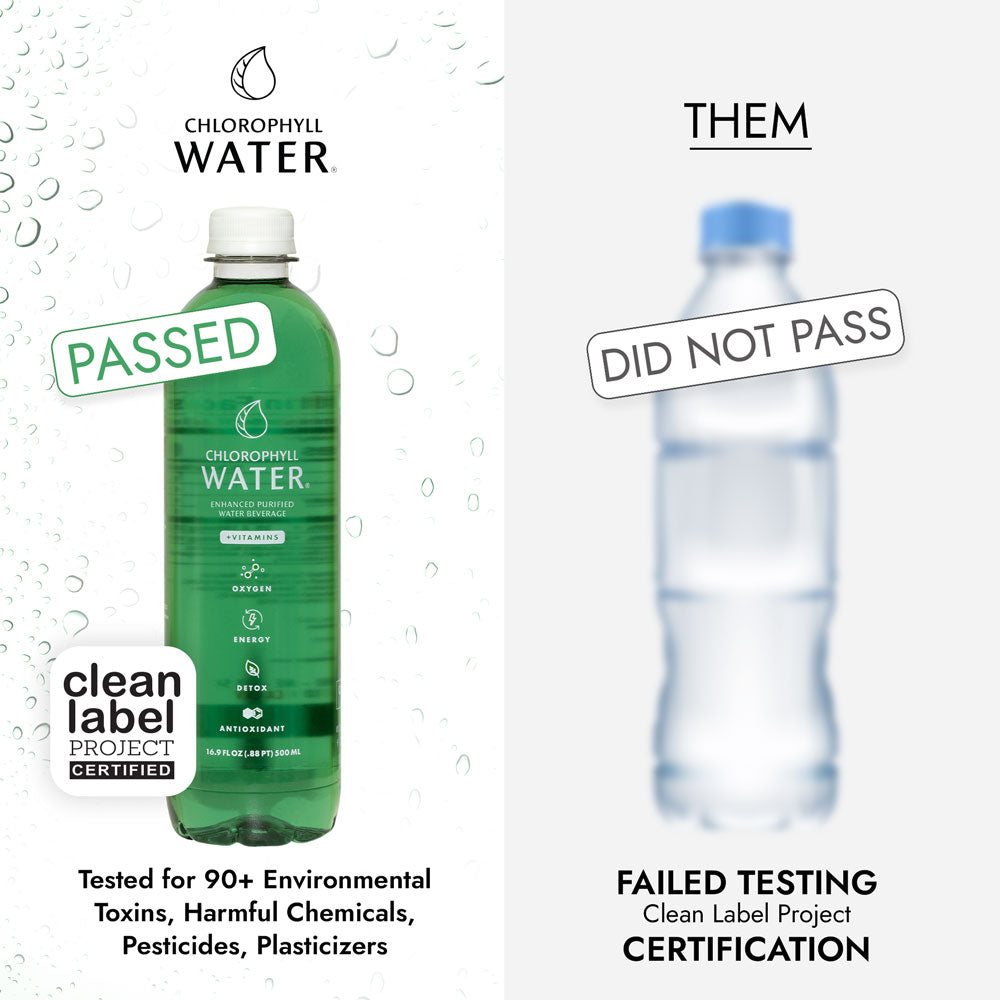 Two bottles of Chlorophyll Water, one green and one clear, with certification labels on a white background.Comparison image showing a green bottle of Chlorophyll Water labeled "PASSED" with Clean Label Project certification beside a blurred clear plastic water bottle labeled "DID NOT PASS" on a white background.