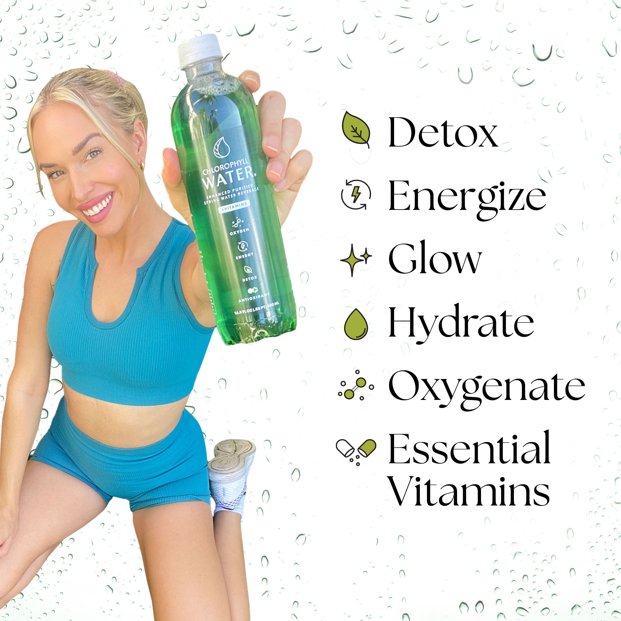 Woman holding a bottle of 'Detox Water' with health benefits listed on a white background. Green bottles of Chlorophyll Water® (case of 12), featuring ultra-purified water with chlorophyll from alfalfa, vitamins A, B12, C, and D, plus hints of lemon and spearmint. Includes Clean Label Project Certified and Made from 100% Recycled Plastic badges on a white background.