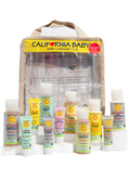 California Baby 100% Plant-Based Deluxe Travel Set with reusable eco-friendly travel caddy, TSA-approved travel size baby skincare essentials, USDA Certified Organic lotions, creams, shampoo, body wash, bubble bath, jelly mousse, calendula cream, sensitive skincare, vegan, cruelty-free, natural baby gift set on white background.