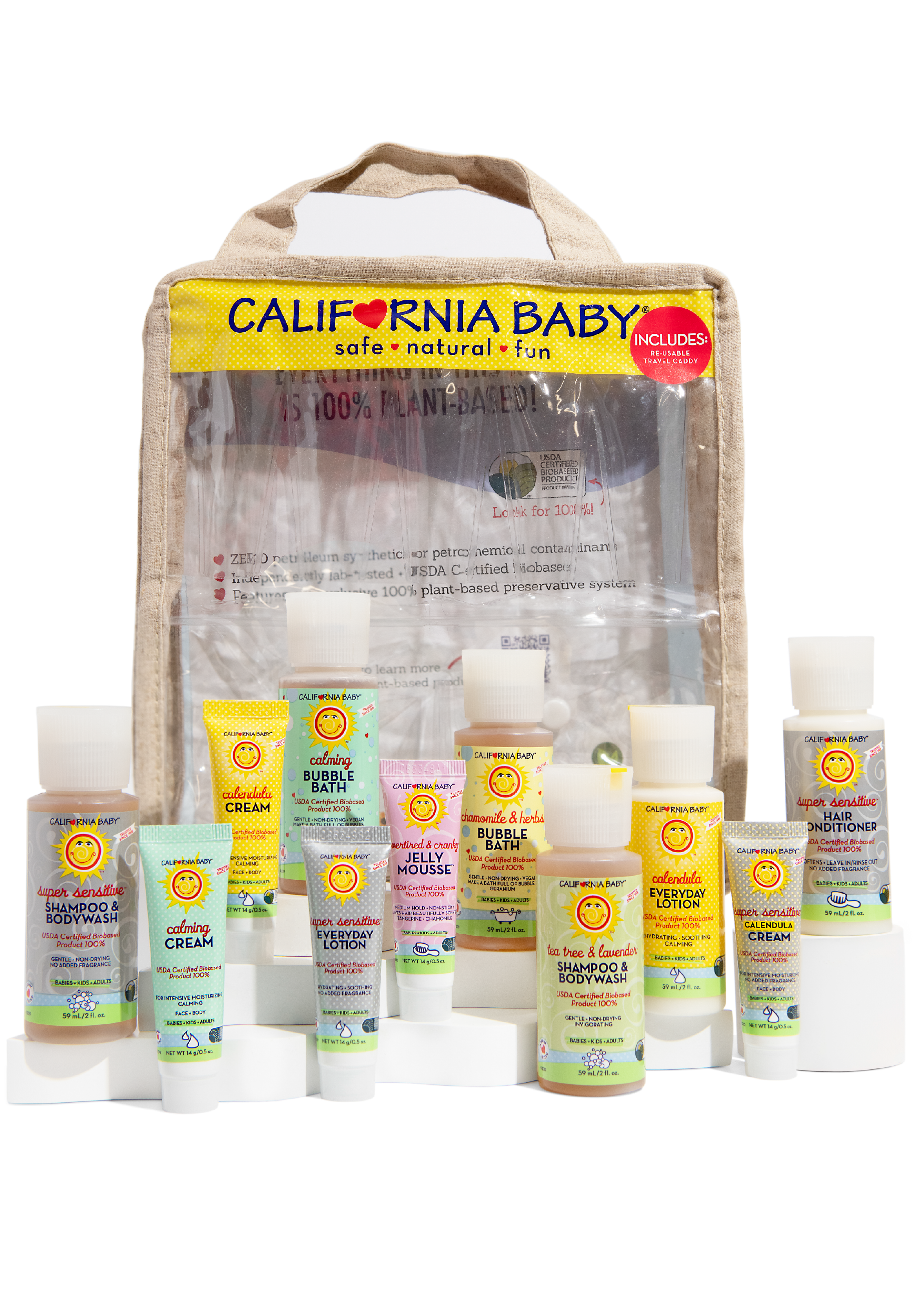 California Baby 100% Plant-Based Deluxe Travel Set with reusable eco-friendly travel caddy, TSA-approved travel size baby skincare essentials, USDA Certified Organic lotions, creams, shampoo, body wash, bubble bath, jelly mousse, calendula cream, sensitive skincare, vegan, cruelty-free, natural baby gift set on white background.