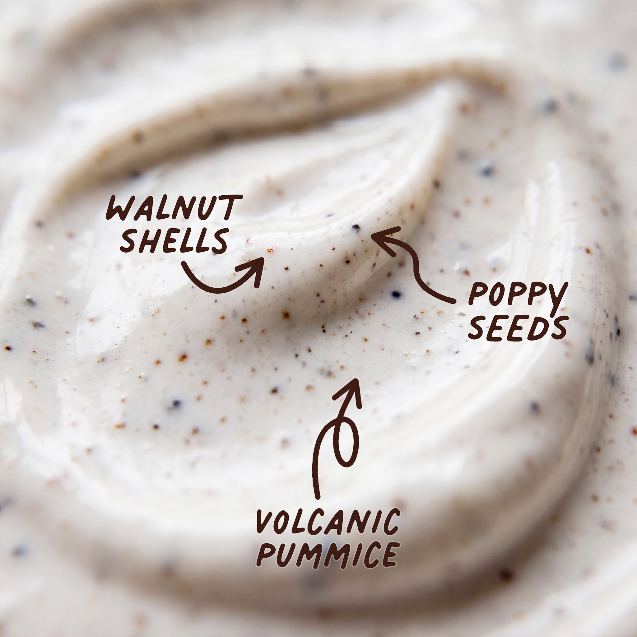 Close-up of a swirled creamy pumice paste with handwritten labels pointing to visible ingredients: walnut shells, poppy seeds, and volcanic pumice.